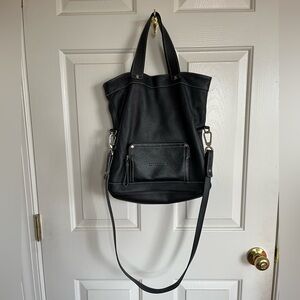 Longchamp black leather tote bag with removable crossbody strap